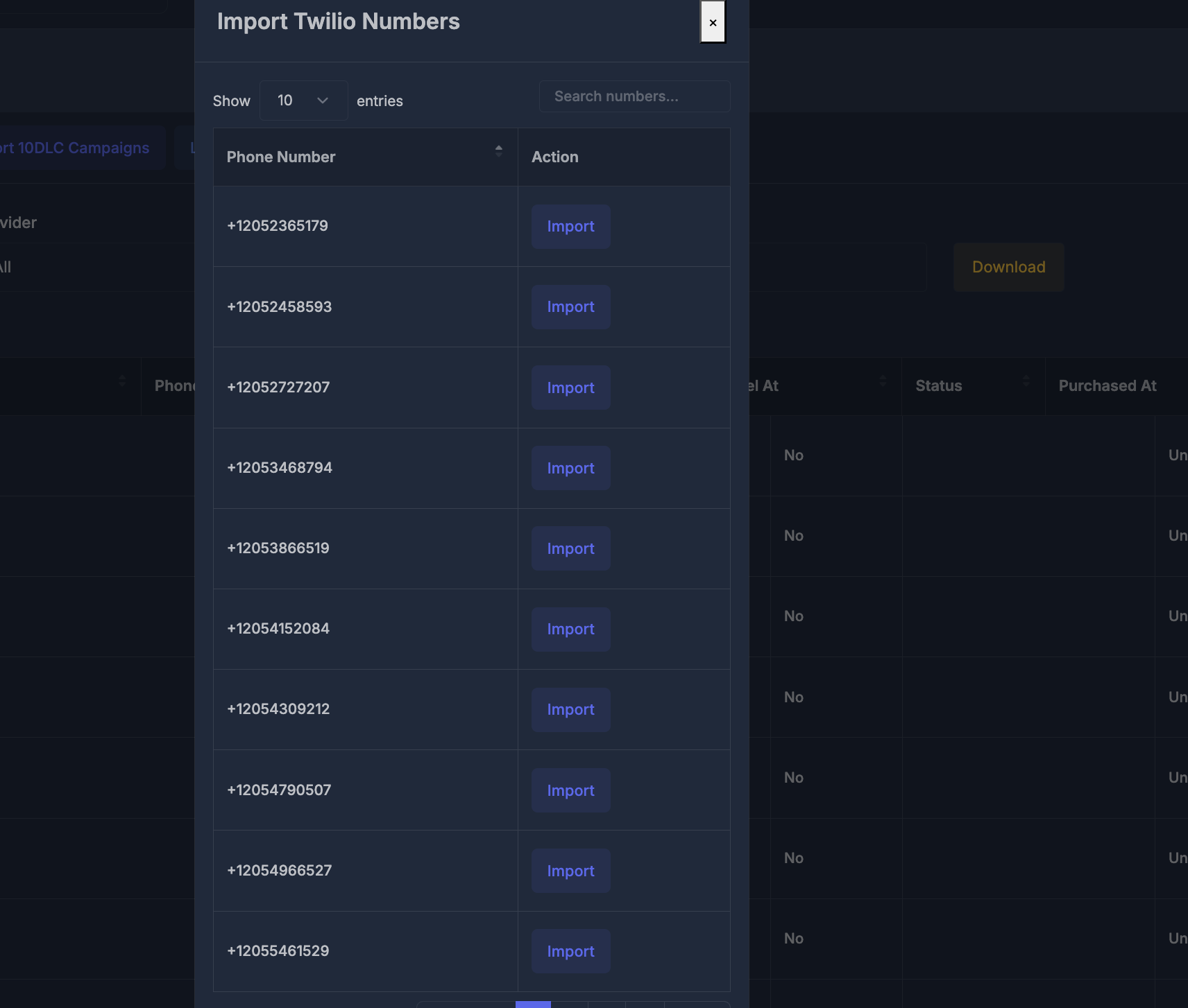 Import Twilio Numbers window with available phone numbers and Import buttons